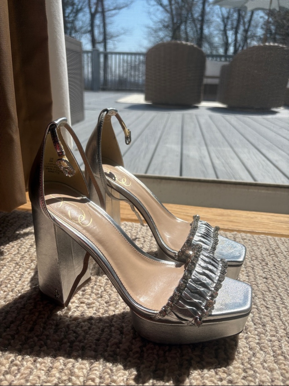 Jessica Simpson Silver Metallic Platform Block Heels with Ruffled Front Strap